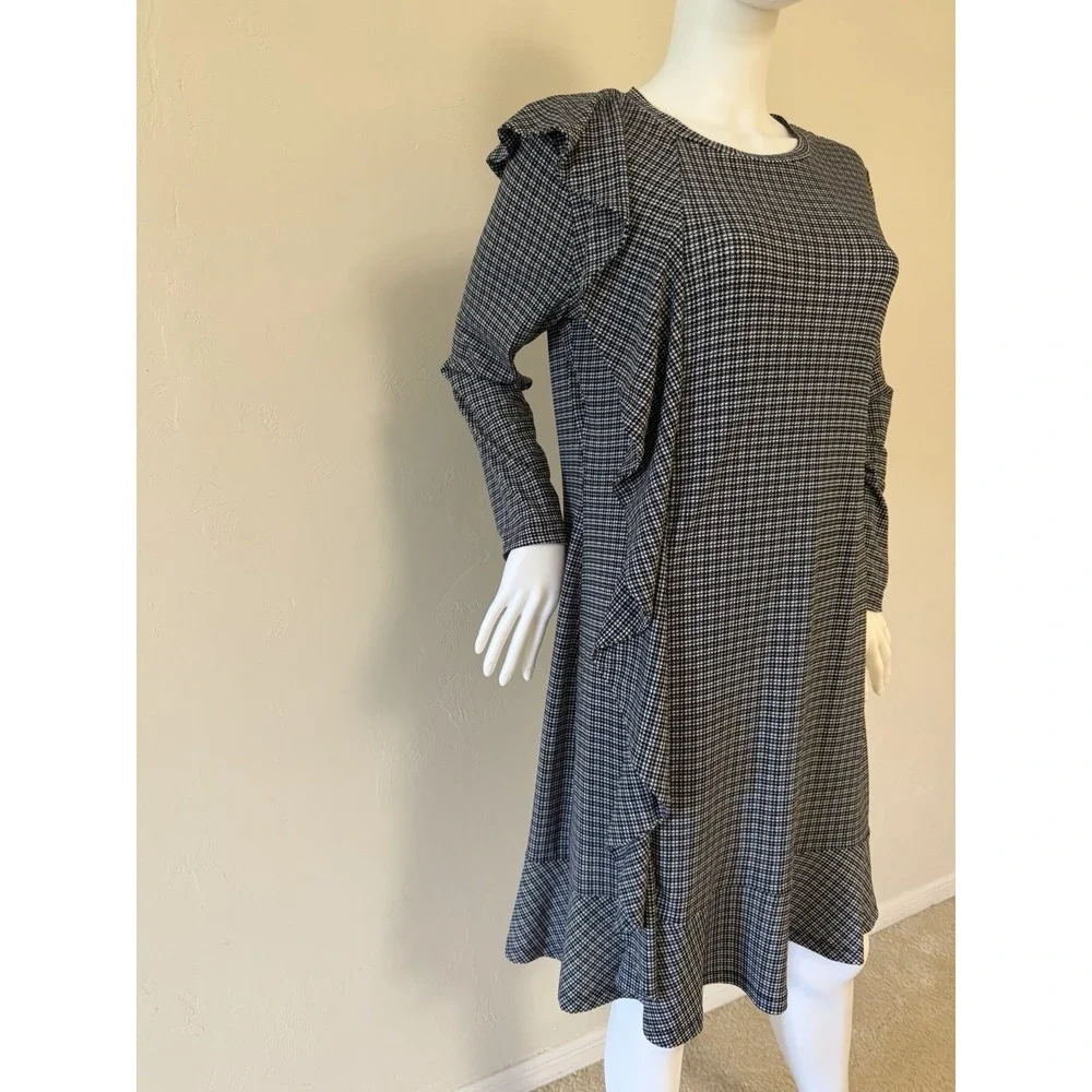 Michael Kors Houndstooth Ruffle Knit A-Line Dress Black White Long‎ Sleeve L